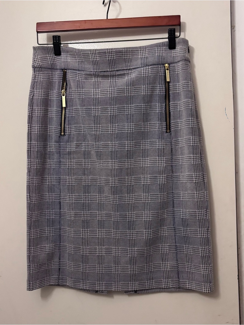 Michael Kors Gray Plaid Pencil Skirt with Gold Zippers